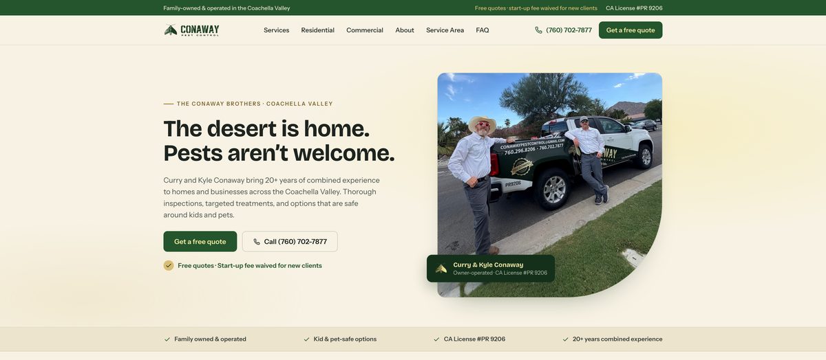 The Conaway Pest Control website: the desert is home, pests aren't welcome.