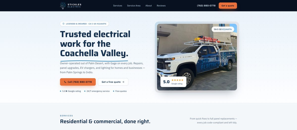 The Stickles Electric website: trusted electrical work for the Coachella Valley.